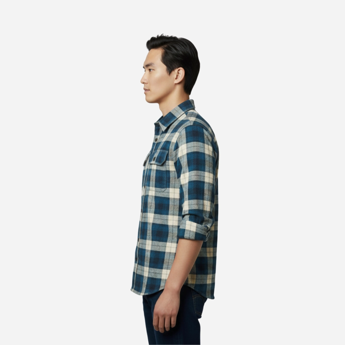 flannel-blue-model-side